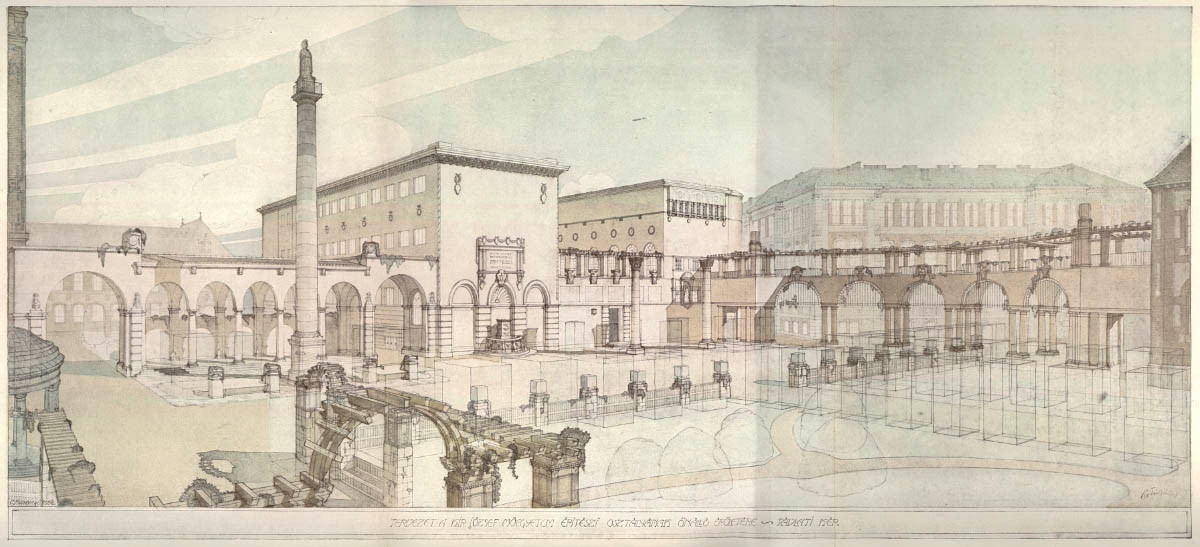 Az építész kar önálló épületének terve (Forrás: Kotsis Iván: Tervezetek, Németh József Technikai Könyvkereskedése, 1922 – Lechner Tudásközpont szakkönyvtára)