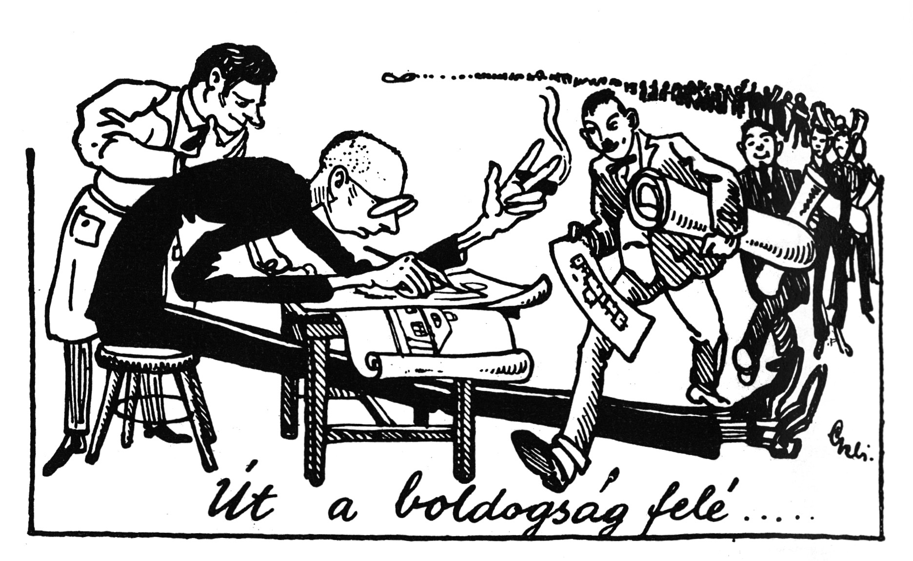 Kotsis az építész hallgatók terveit korrigálja – karikatúra a Megfagyott Muzsikus című diáklapból (Forrás: Megfagyott muzsikusok 1898-1974. Szerk.: Gerle János. Bercsényi 28-30, 1987)