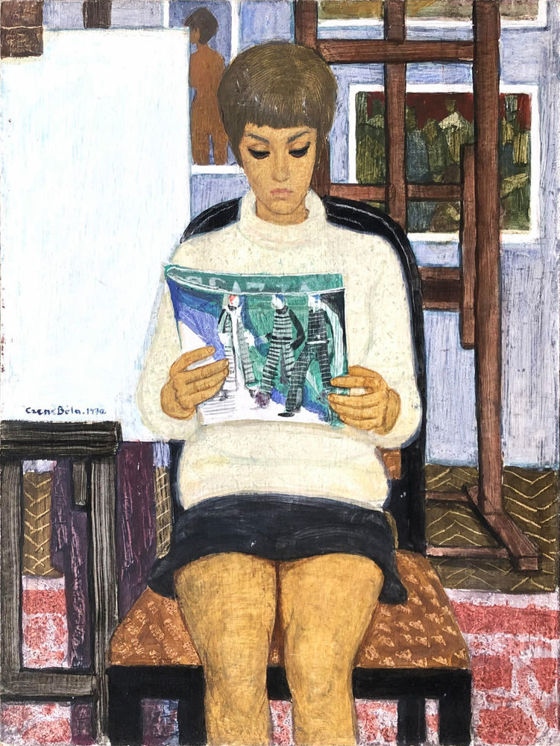 ifj. Czene Béla (1911-1999): Marika divatlappal (olaj, farost, 80 x 60 cm, j.b.k.: Czene Béla 1970) Kikiáltási ár: 380 000 huf – Pintér Galéria