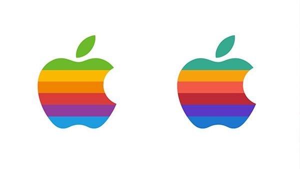 Az Apple 1977-es szivárványszínű logója (balra) és a 2021-es (jobbra)