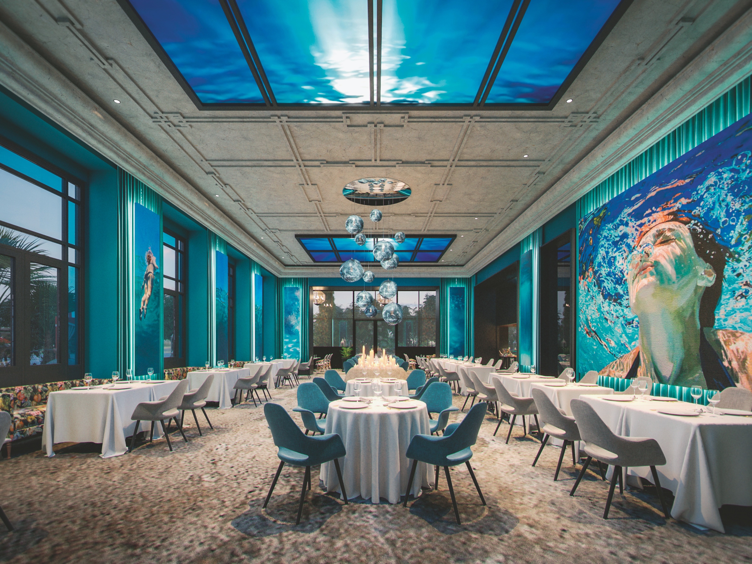 A comói Nuvole Garden Hotel étterme a tó alatti vízi világot jeleníti meg