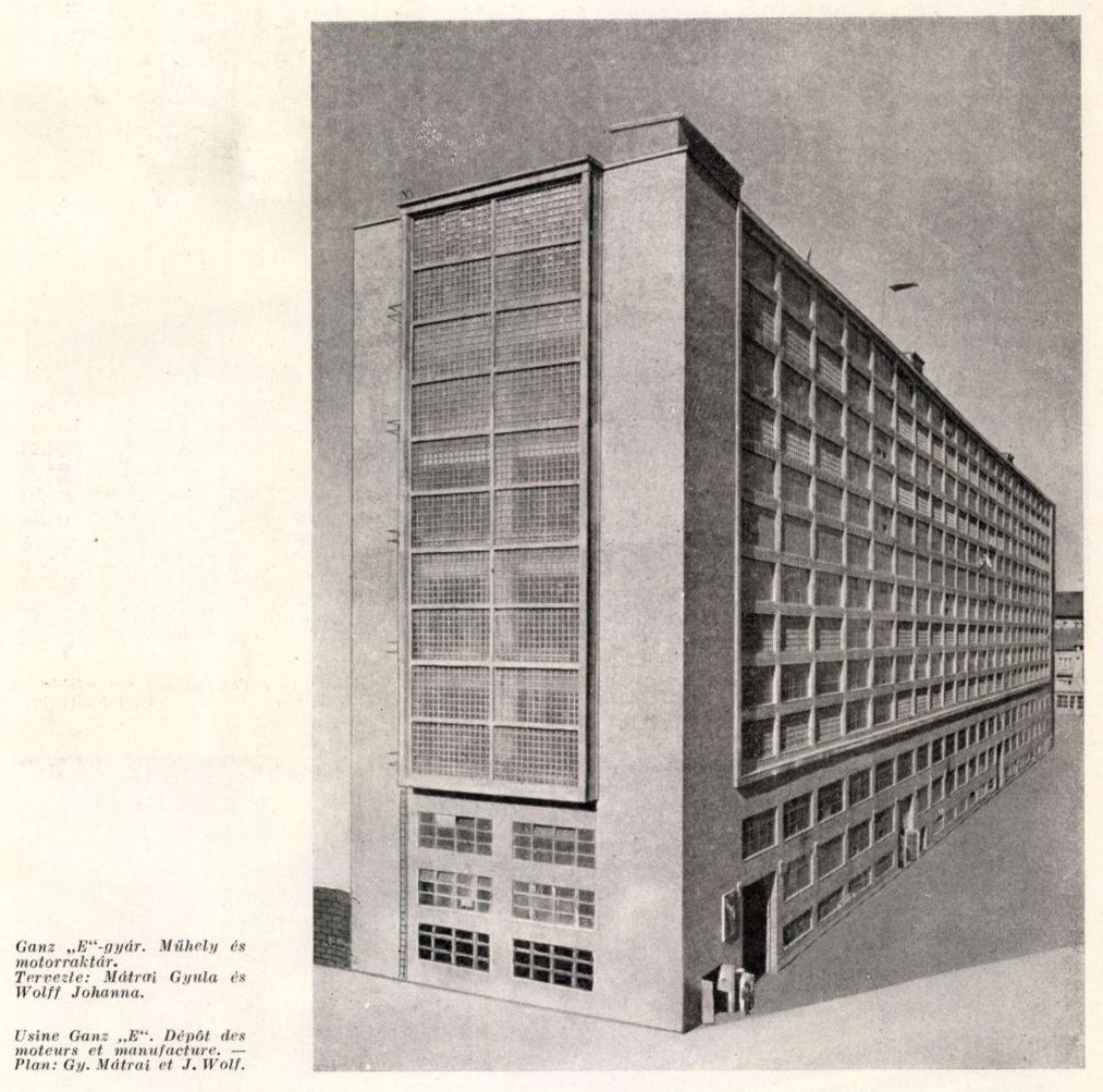 A Ganz Villamossági Művek Mátrai Gottwald Gyula és Wolf Johanna közreműködésében felépített új műhely- és raktárépülete (1947-1949) az Építés-Építészet folyóiratba