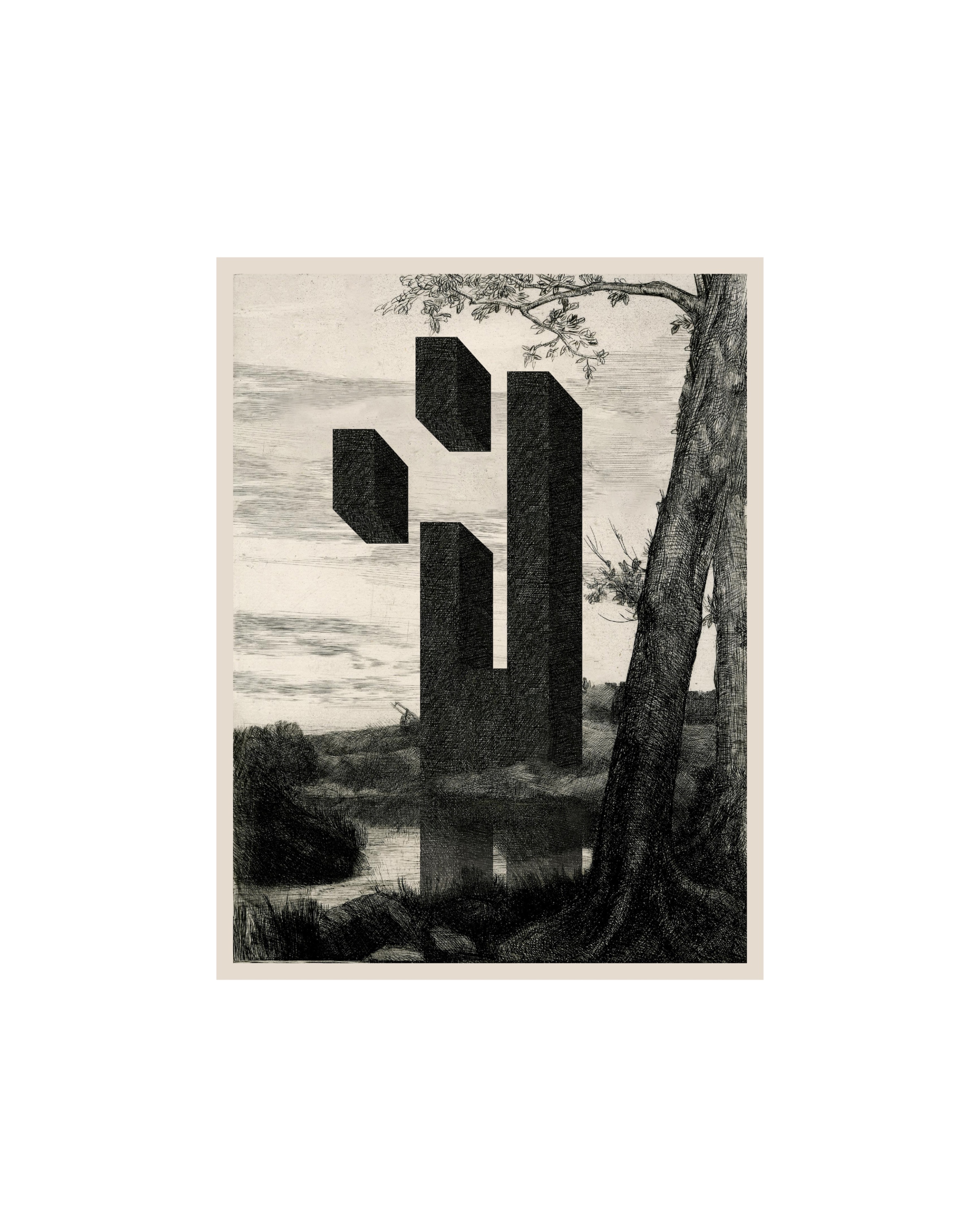 # 5: digitális technika, print; (50x30cm), 2021, e.k.: Alphonse Legros - La ferme au grand arbre (1837-1911 között)