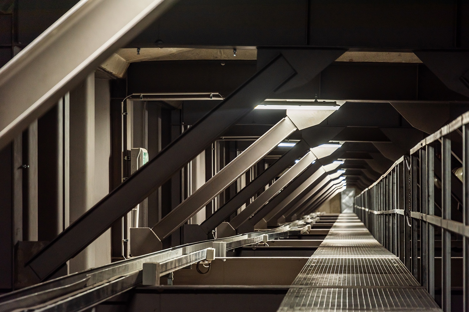 A 440 m hosszú mederhíd főtartója kétcellás (a képen az egyik cella látható) szekrénytartó, amelynek ferde oldalfalait és középső falát acél trapézlemez gerincek, alját vasbeton fenéklemez, felső részét mindkét oldalon konzolos kialakítású vasbeton pályalemez alkotja. A szekrénytartó magassága a 3,50 és 6,50 m tartományban oszlik el. A képen a kezelőjárda is jól látható. (Fotó: Gulyás Attila)