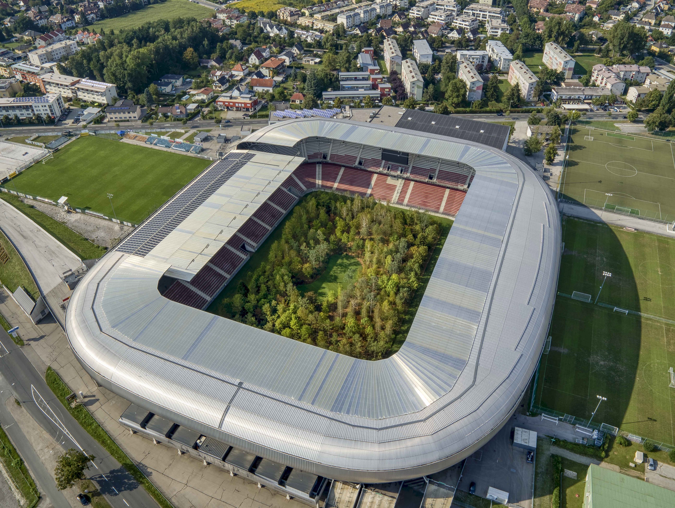 Klaus Wittmann kurátor a klagenfurti labdarúgó stadiont alakította át erdővé. Fotó: Gerhard Maurer