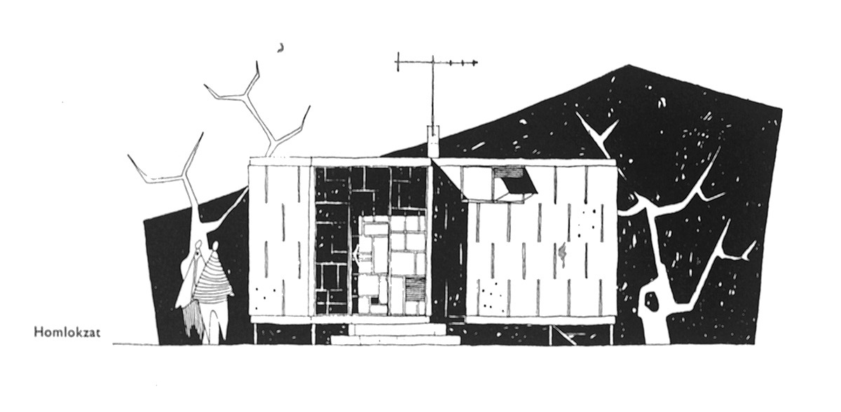 Nyaraló terve az Építésügyi Minisztérium pályázatára, homlokzat – I. díj, tervezők Mandel Tamás és Tenke Tibor (Kép forrása: Magyar Építőművészet, 1960/1.)