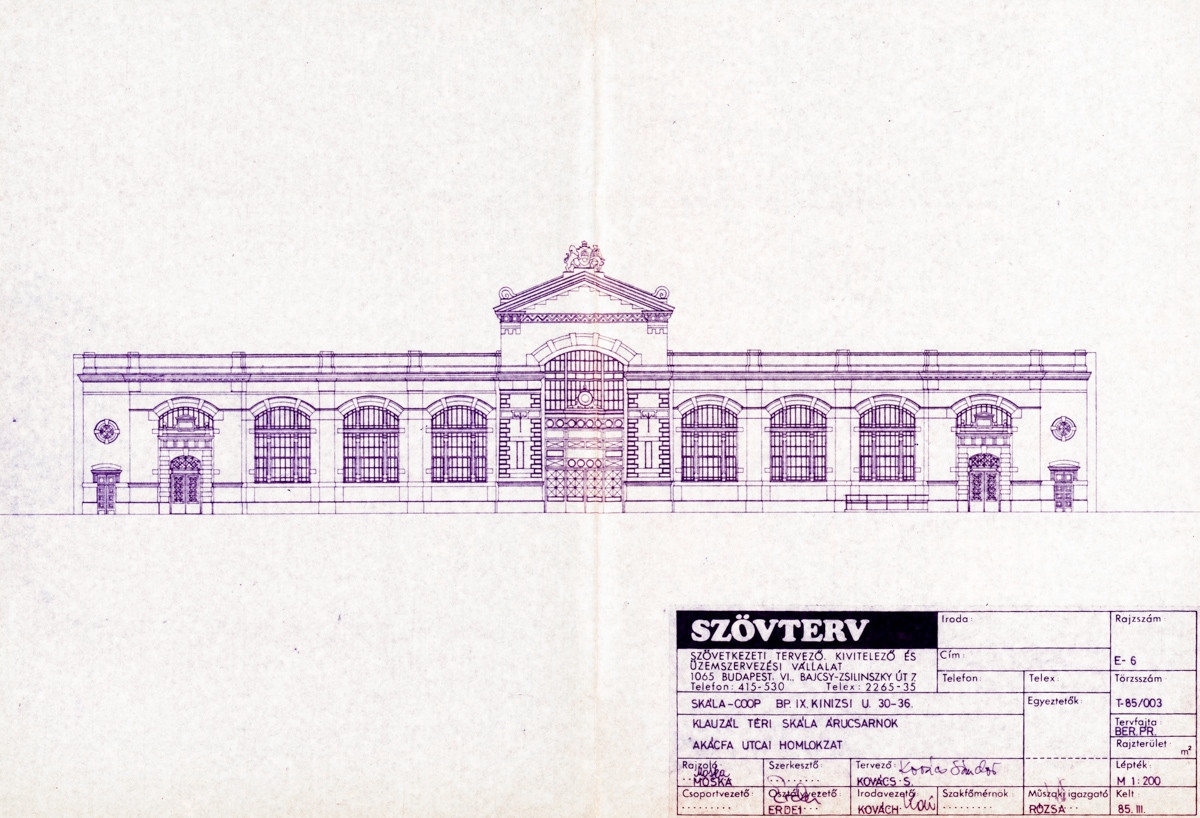 Klauzál téri Skála Árucsarnok Akácfa utcai homlokzata, 1985. SZÖVTERV