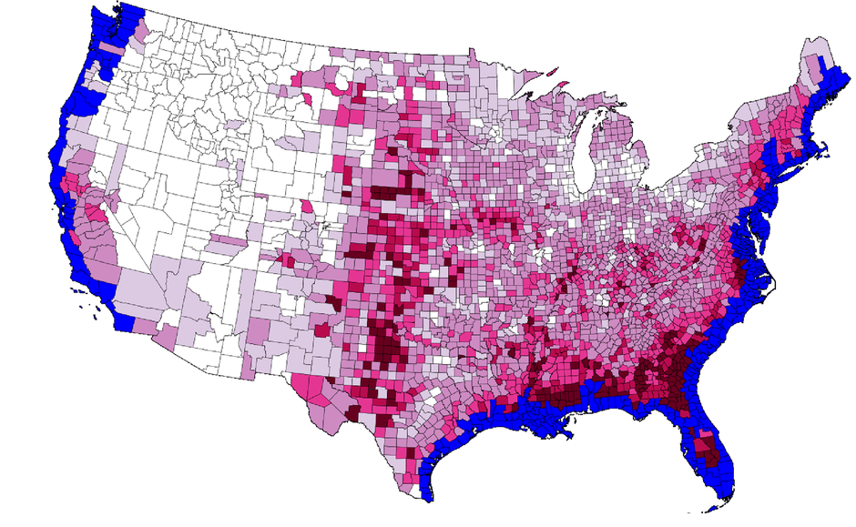 A kékkel jelölt területet lepheti el a víz 2100-ra, a rózsaszín és vörös területekre az átlagosnál több bevándorló érkezhet – Kép: PLOS One