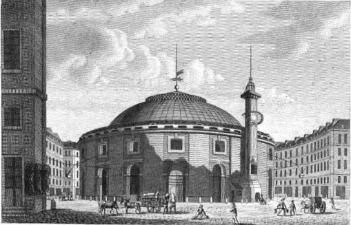 Az eredeti Halle Aux Bles épülete 1818-ból, oldalán a Medici-oszloppal (Forrás: Wikipedia)