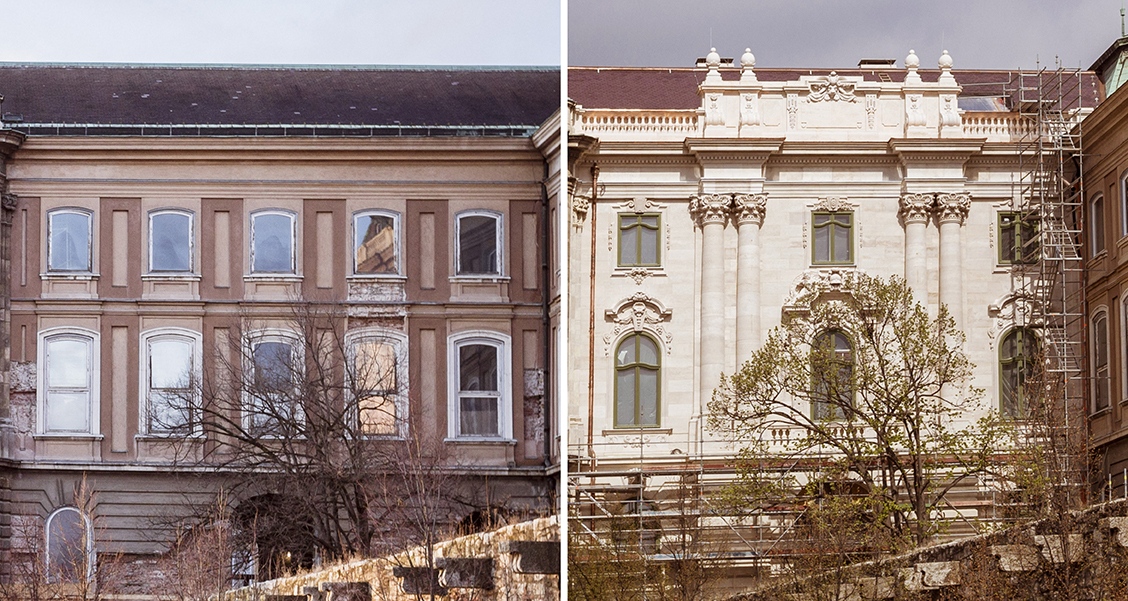 A déli homlokzat a felújítás előtt és után