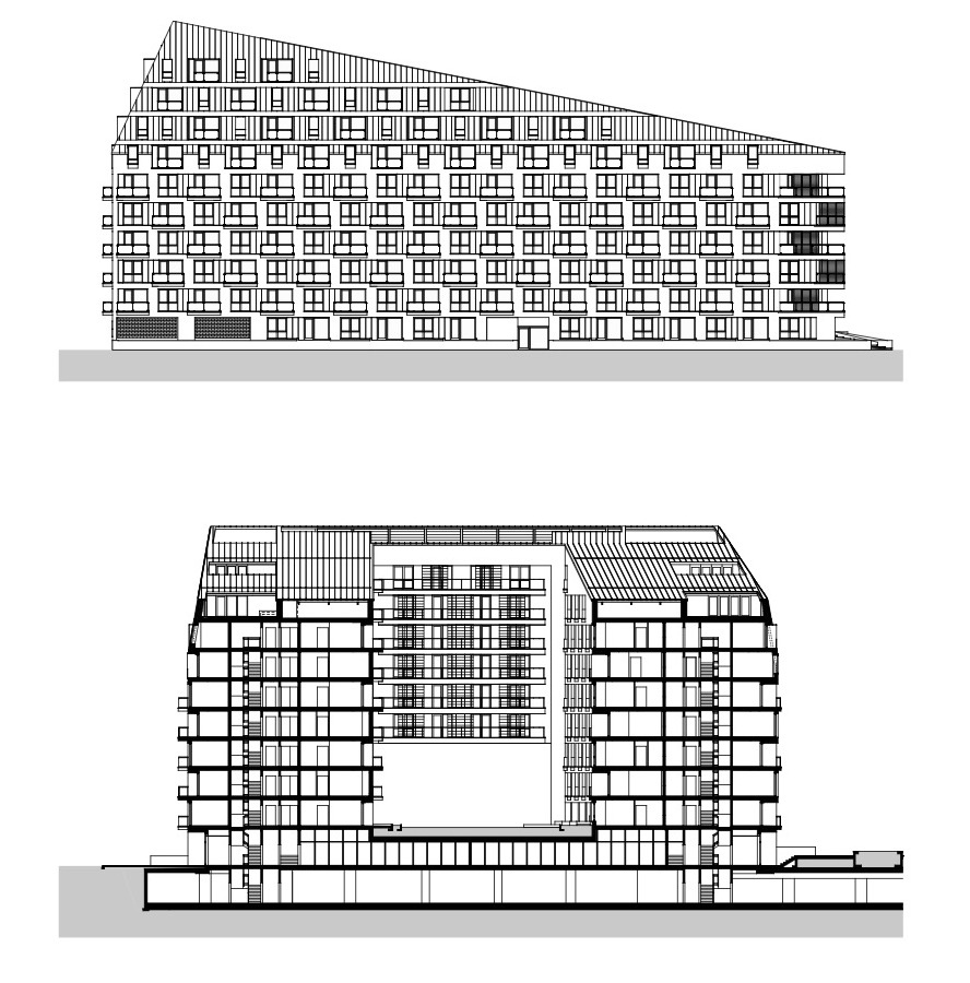 A metszeti ábrán jól látható az épület homlokzati ritmikája, amelyet a teraszok, illetve a színes panelek teremtenek meg