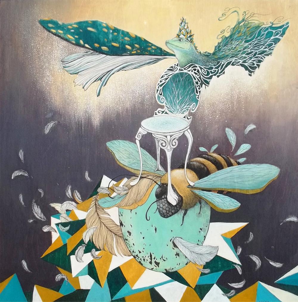 Juhász Ferenc: Fehér vasszék a kertben | Illusztráció (akril, farost, 2012)