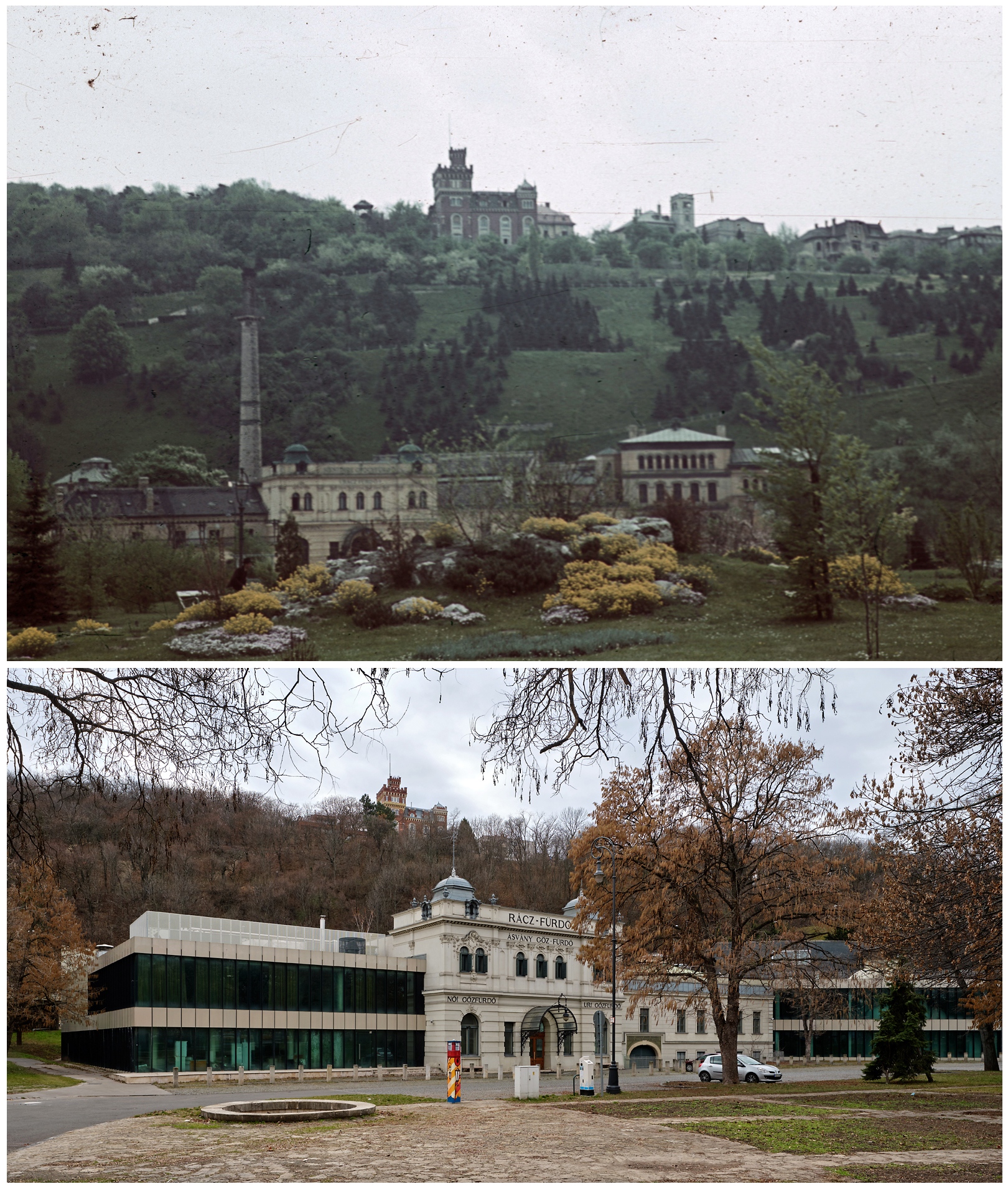 Rác gyógyfürdő a Gellérthegy lábánál. A hegyoldalban a Hegedűs villa az Orom utcában - forrás: Fortepan/Fortepan, Cordia fotó/Antal László