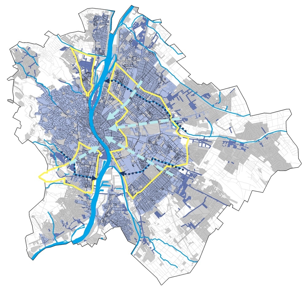 Budapest, Az átmeneti zóna rozsda- és lakótelepi területei és a zónán áthaladó kék infrastruktúraelemek. Ábra: Csizmadia Dóra