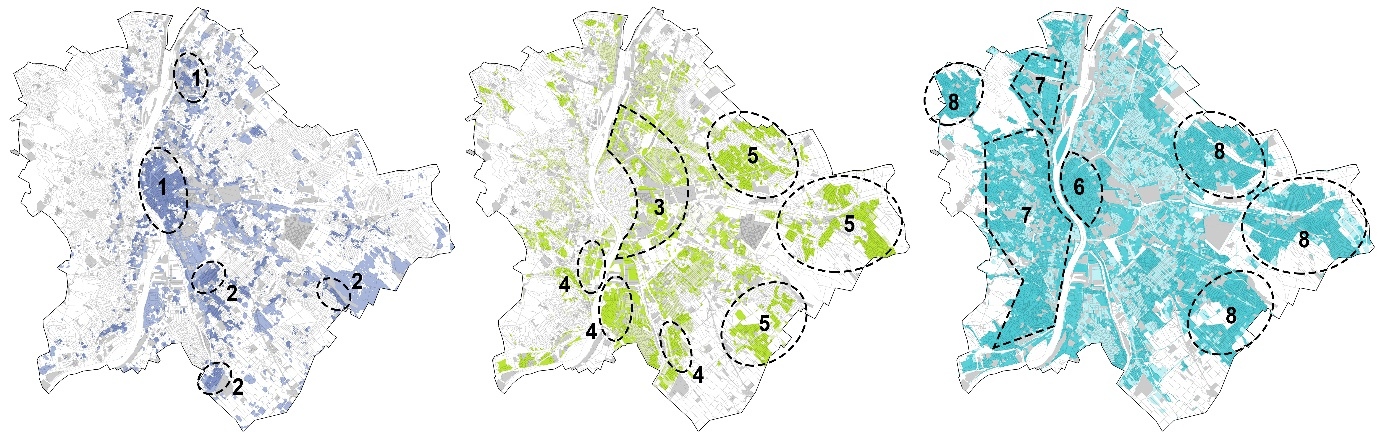 Budapest, a párologtatás, szikkasztás és víztározás potenciáltérképe. Ábra: Csizmadia Dóra. 1 – sűrű belvárosi területek; 2 – nagy iparterületek által befolyásolt lakóterületek; 3 – nagy zöldfelületarányú lakótelepek; 4 – rozsdaterületek; 5,8 – elővárosi családi házas területek; 6 – történelmi belváros; 7 – változatos domborzatú beépítés.