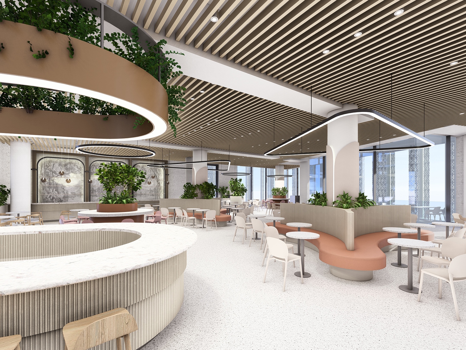 A komplexum belváros felőli fő megközelítési tengelye, lent pedig a foodcourt látványterve